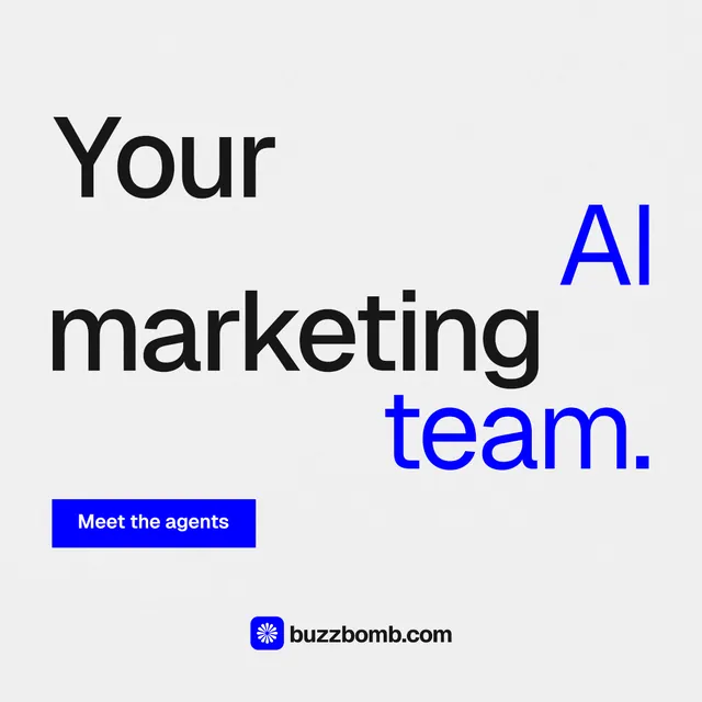 Instagram post for BuzzBomb: "Your AI marketing team." Swiss style, stacked layout, light palette in white, blue.