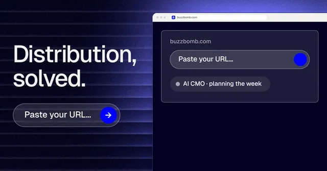 Social ad for BuzzBomb: "Distribution, solved." Agentic glass style, browser layout, dark palette in blue, black, grey.