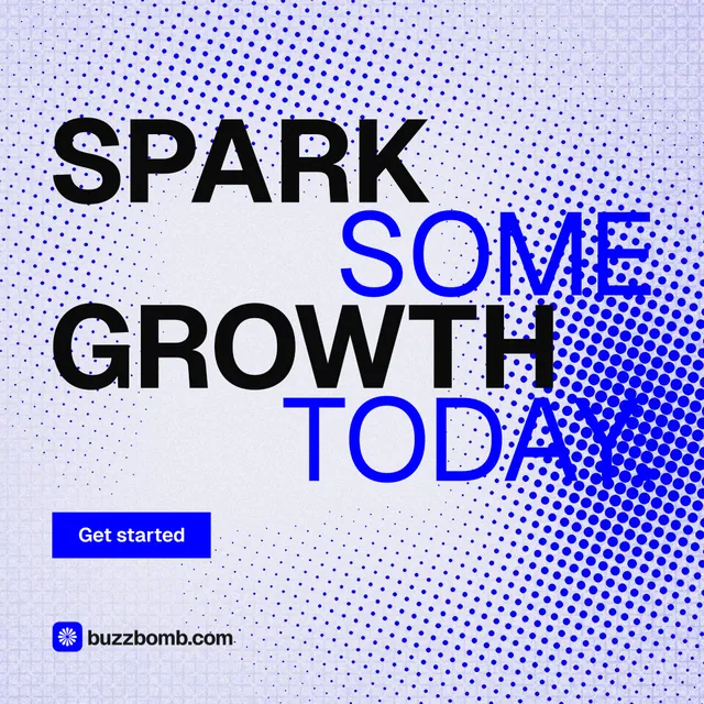 Instagram post for BuzzBomb: "Spark some growth today." Split block style, stacked layout, light palette in blue, white.