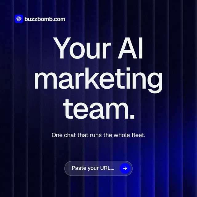 Instagram post for BuzzBomb: "Your AI marketing team." Agentic glass style, centred layout, dark palette in black, blue, grey.