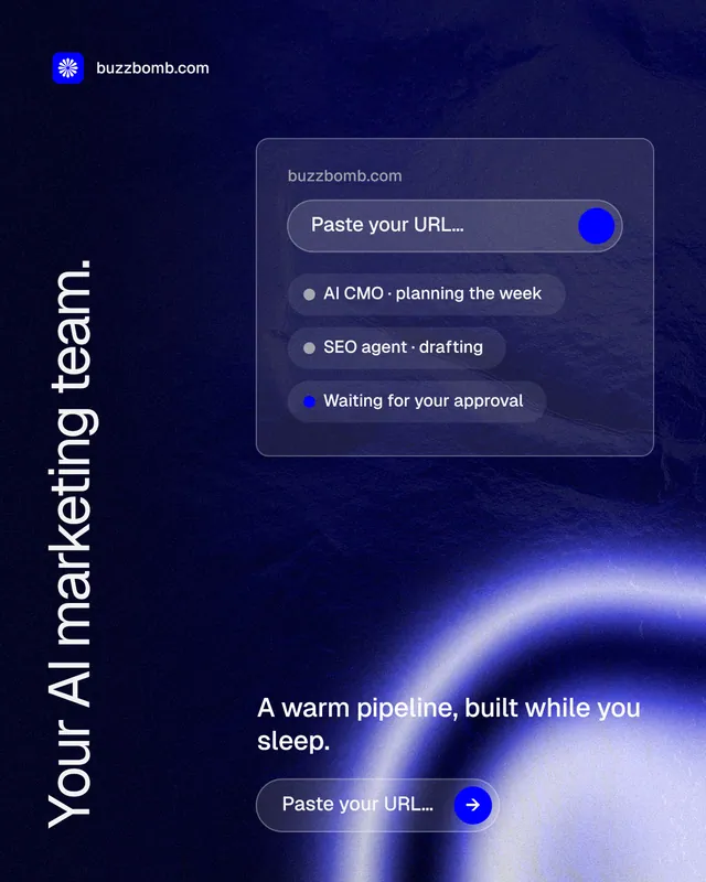 Instagram portrait post for BuzzBomb: "Your AI marketing team." Agentic glass style, vertical layout, dark palette in black, blue.