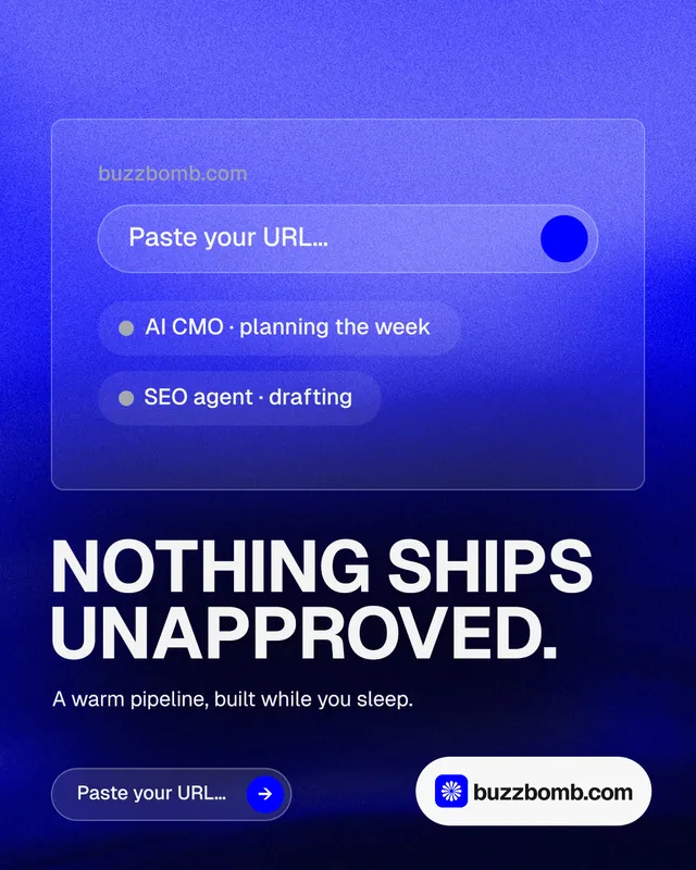 Instagram portrait post for BuzzBomb: "Nothing ships unapproved." Agentic glass style, bottom layout, dark palette in blue.