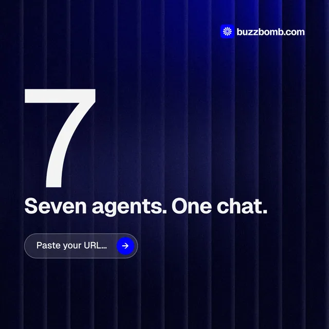 Instagram post for BuzzBomb: "Seven agents. One chat." Agentic glass style, stat layout, dark palette in black, blue.