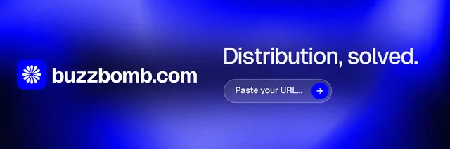 X header for BuzzBomb: "Distribution, solved." Agentic glass style, logo hero layout, dark palette in blue.