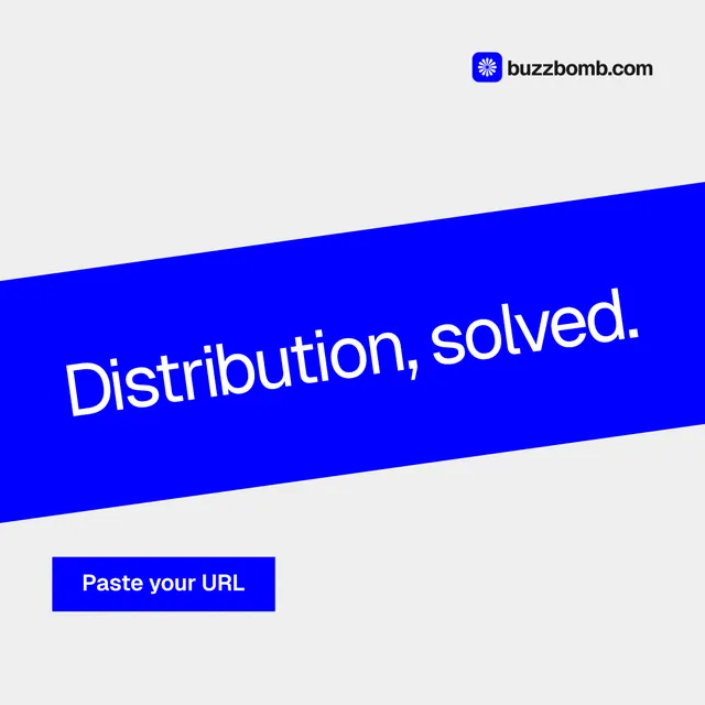 Instagram post for BuzzBomb: "Distribution, solved." Swiss style, diagonal layout, light palette in white, blue.