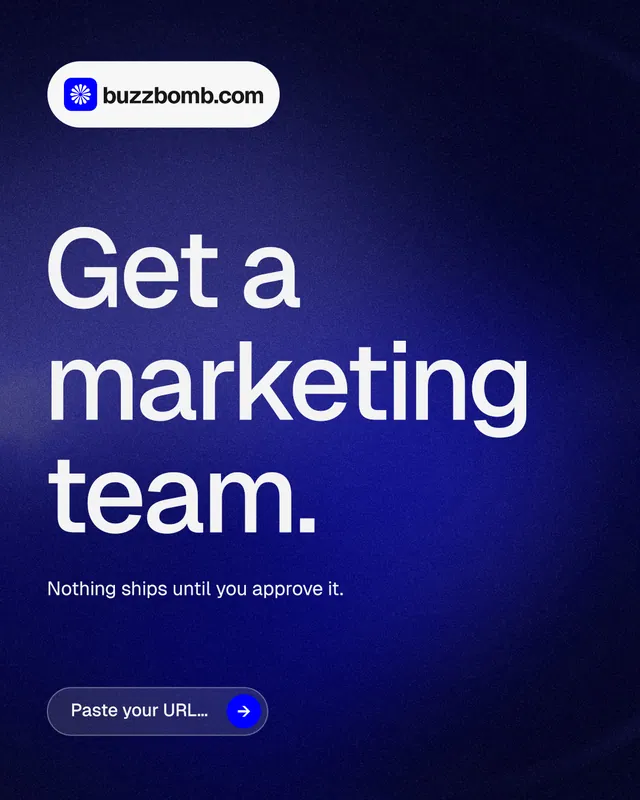 Instagram portrait post for BuzzBomb: "Get a marketing team." Agentic glass style, announce layout, dark palette in black, blue.