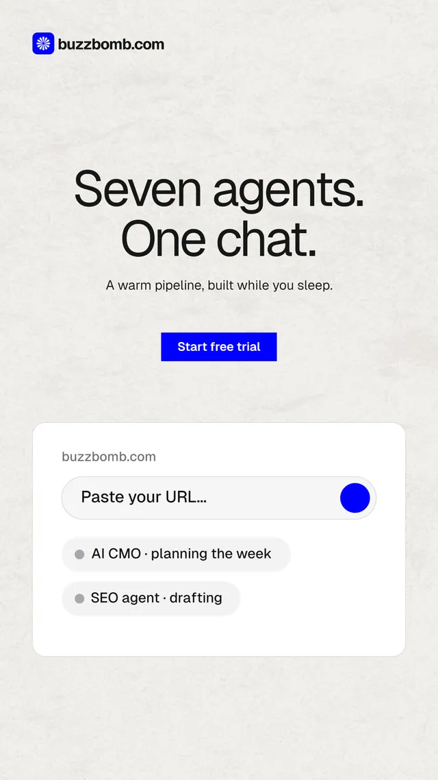 Instagram story for BuzzBomb: "Seven agents. One chat." Swiss style, centred layout, light palette in white, grey.