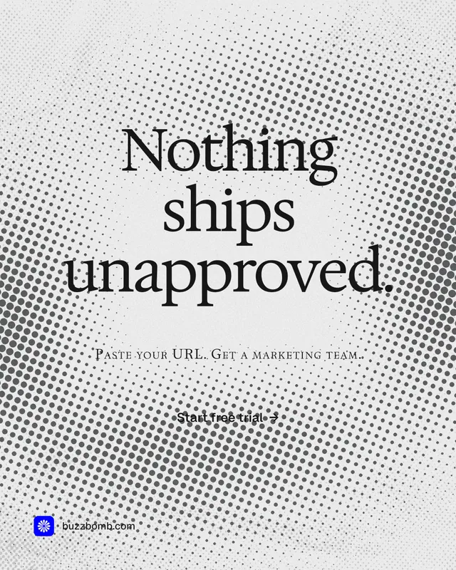 Instagram portrait post for BuzzBomb: "Nothing ships unapproved." Swiss style, smallcaps layout, light palette in white, grey.