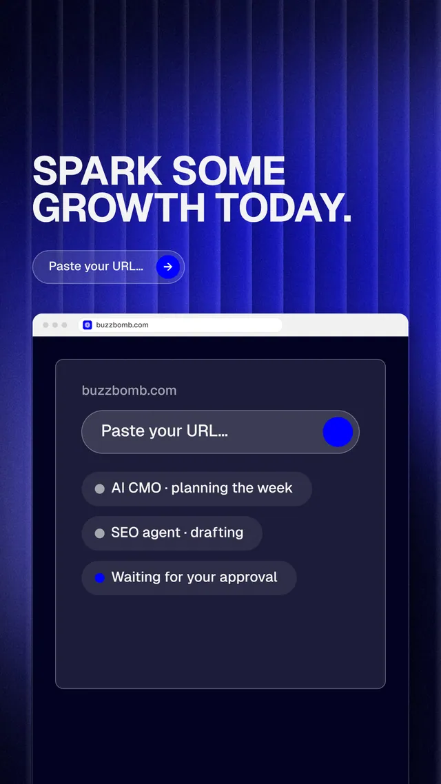 Instagram story for BuzzBomb: "Spark some growth today." Agentic glass style, browser layout, dark palette in blue, black.