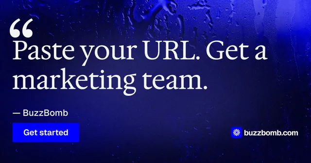 Social ad for BuzzBomb: "One launch. A week of posts." Swiss style, quote layout, dark palette in black, blue.