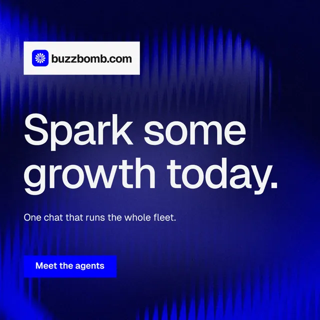 Instagram post for BuzzBomb: "Spark some growth today." Swiss style, announce layout, dark palette in black, blue.