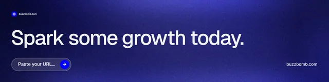 LinkedIn banner for BuzzBomb: "Spark some growth today." Agentic glass style, poster layout, dark palette in blue.