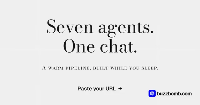 Social ad for BuzzBomb: "Seven agents. One chat." Minimal luxury style, smallcaps layout, light palette in white, grey.