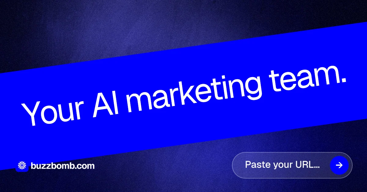 Social ad for BuzzBomb: "Your AI marketing team." Agentic glass style, diagonal layout, dark palette in blue.