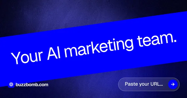 Social ad for BuzzBomb: "Your AI marketing team." Agentic glass style, diagonal layout, dark palette in blue.
