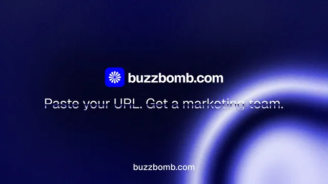 Landscape graphic for BuzzBomb: "Distribution, solved." Agentic glass style, end card layout, dark palette in blue, black.