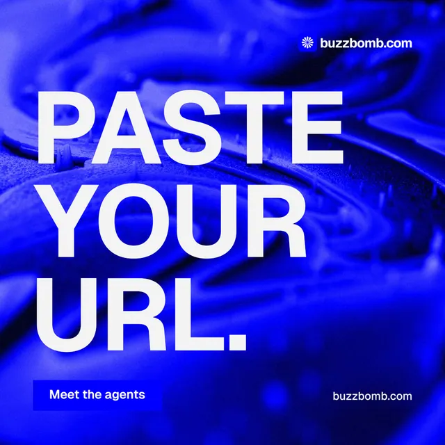Instagram post for BuzzBomb: "Paste your URL." Swiss style, poster layout, dark palette in blue.