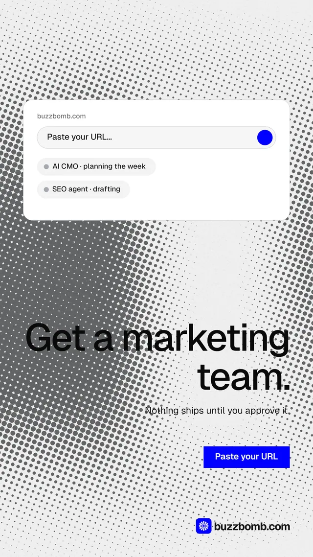 Instagram story for BuzzBomb: "Get a marketing team." Swiss style, right layout, light palette in white, grey.