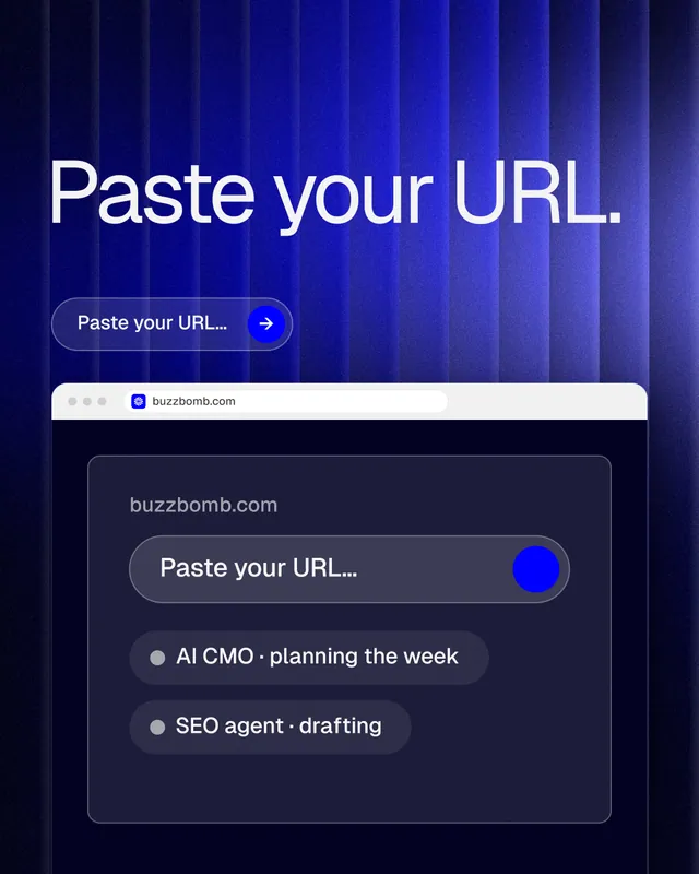 Instagram portrait post for BuzzBomb: "Paste your URL." Agentic glass style, browser layout, dark palette in blue, black.