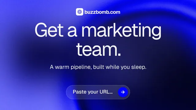 Landscape graphic for BuzzBomb: "Get a marketing team." Agentic glass style, centred layout, dark palette in blue.