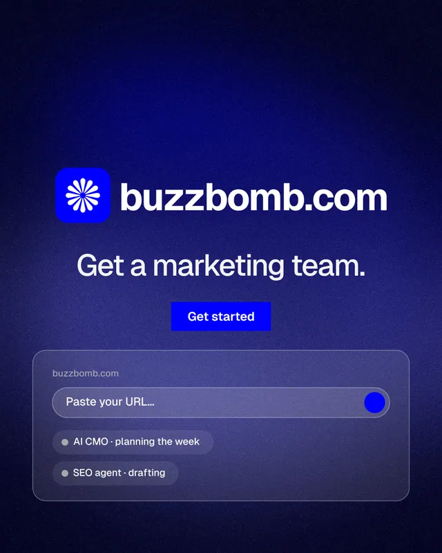 Instagram portrait post for BuzzBomb: "Get a marketing team." Swiss style, logo hero layout, dark palette in black, blue.