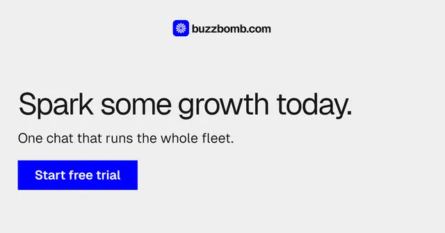 Social ad for BuzzBomb: "Spark some growth today." Swiss style, skeleton layout, light palette in white, blue.