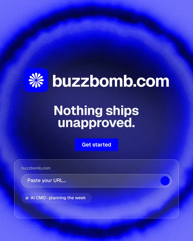 Instagram portrait post for BuzzBomb: "Nothing ships unapproved." Swiss style, logo hero layout, dark palette in blue.