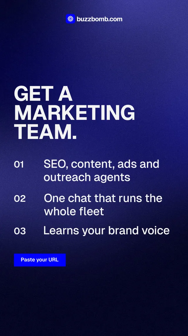 Instagram story for BuzzBomb: "Get a marketing team." Swiss style, numbered layout, dark palette in black, blue.
