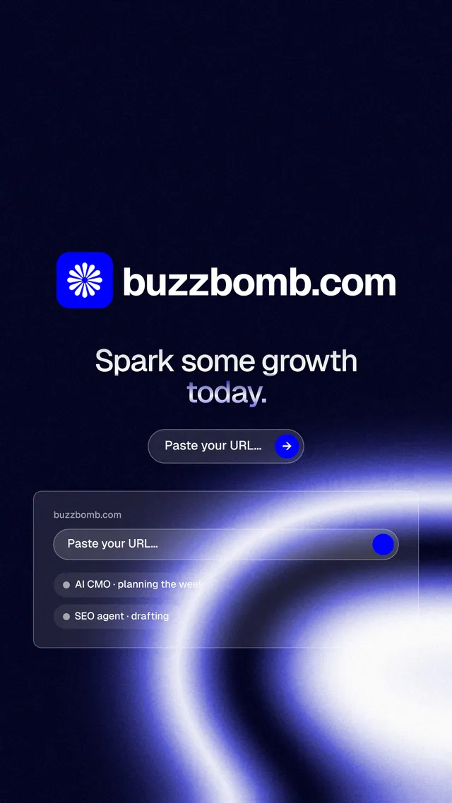 Instagram story for BuzzBomb: "Spark some growth today." Agentic glass style, logo hero layout, dark palette in black, blue.