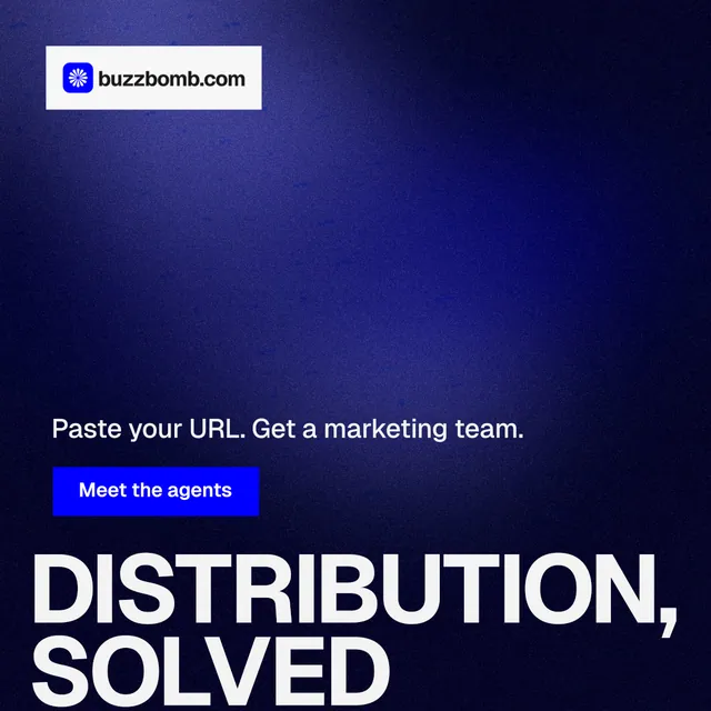 Instagram post for BuzzBomb: "Distribution, solved." Swiss style, oversized layout, dark palette in black, blue, grey.