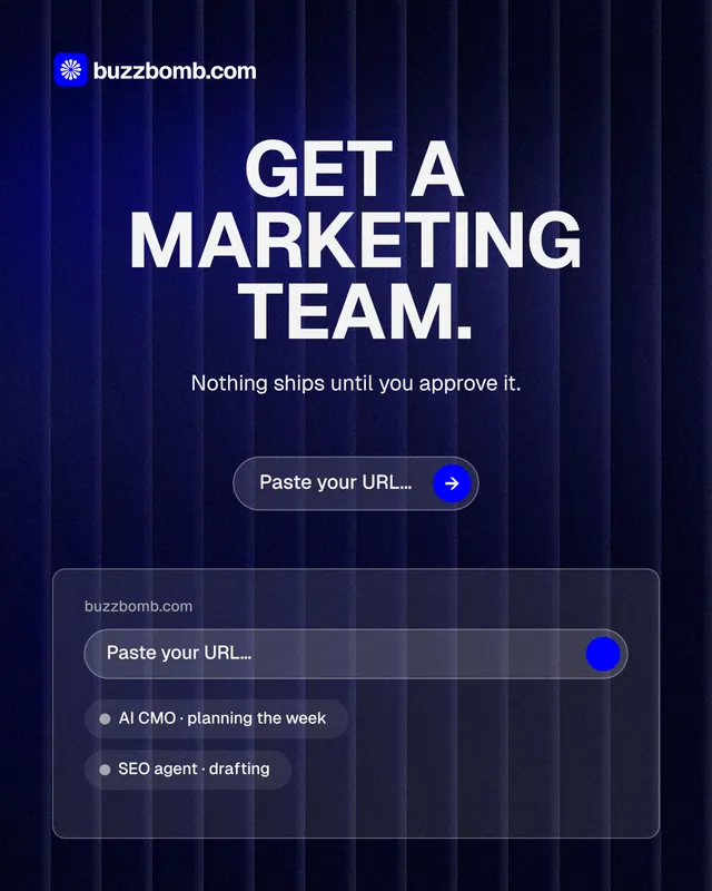 Instagram portrait post for BuzzBomb: "Get a marketing team." Agentic glass style, centred layout, dark palette in black, blue, grey.