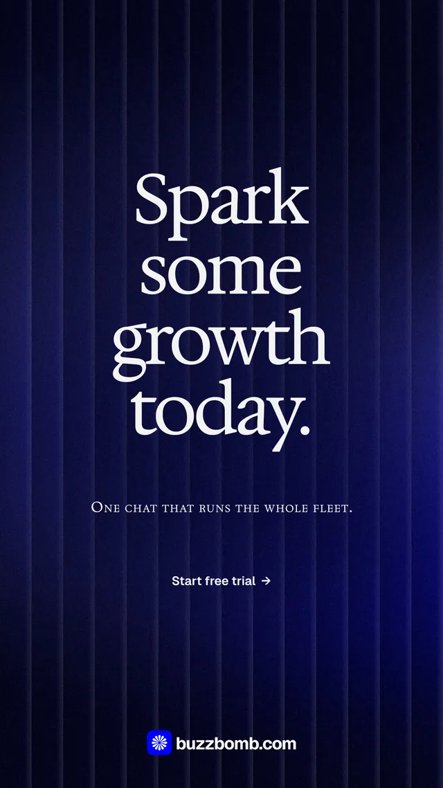 Instagram story for BuzzBomb: "Spark some growth today." Agentic glass style, smallcaps layout, dark palette in black, blue.