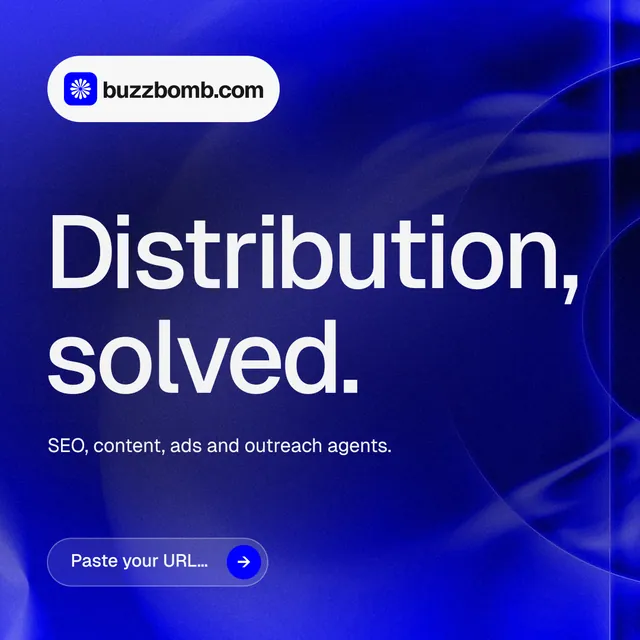 Instagram post for BuzzBomb: "Distribution, solved." Agentic glass style, announce layout, dark palette in blue.
