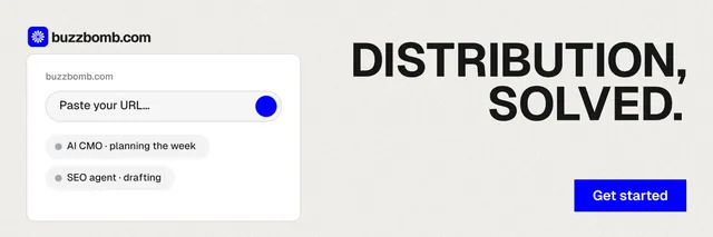 X header for BuzzBomb: "Distribution, solved." Swiss style, right layout, light palette in white, grey.