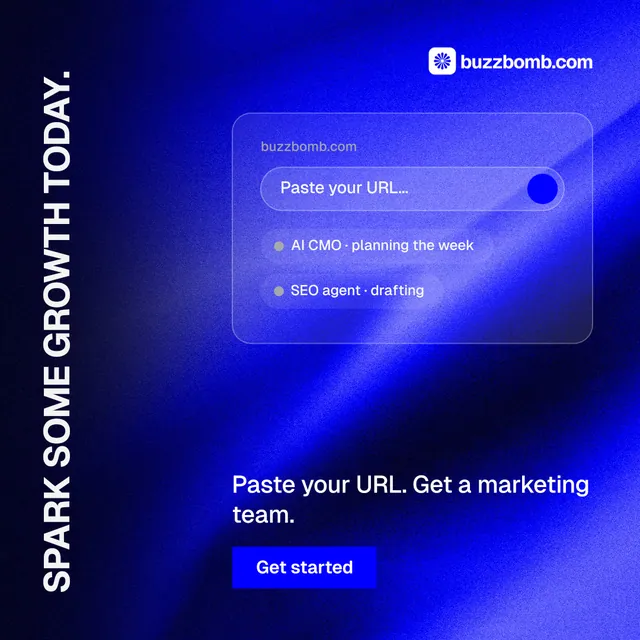 Instagram post for BuzzBomb: "Spark some growth today." Swiss style, vertical layout, dark palette in blue.