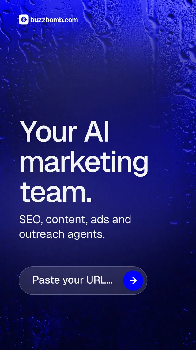 Instagram story for BuzzBomb: "Your AI marketing team." Agentic glass style, skeleton layout, dark palette in black, blue.
