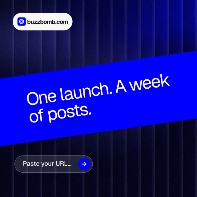 Instagram post for BuzzBomb: "One launch. A week of posts." Agentic glass style, diagonal layout, dark palette in blue.