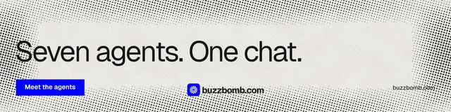 LinkedIn banner for BuzzBomb: "Seven agents. One chat." Swiss style, poster layout, light palette in grey, white.