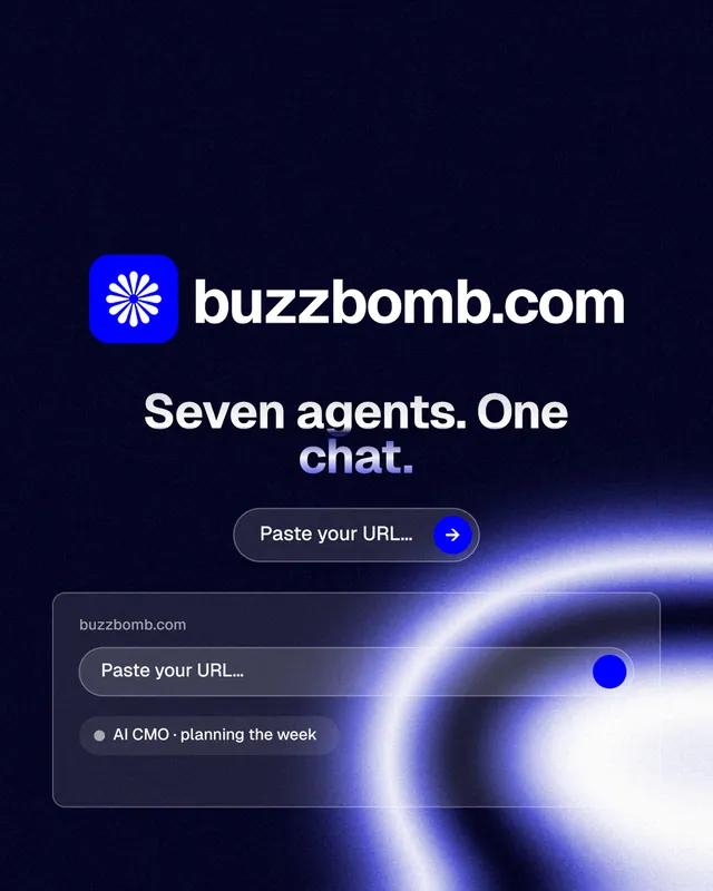 Instagram portrait post for BuzzBomb: "Seven agents. One chat." Agentic glass style, logo hero layout, dark palette in black, blue.