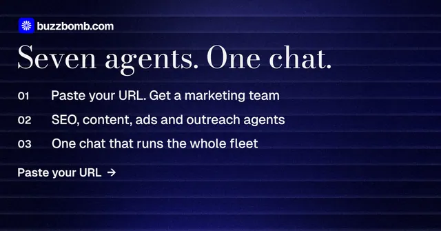 Social ad for BuzzBomb: "Seven agents. One chat." Minimal luxury style, numbered layout, dark palette in black, blue, grey.