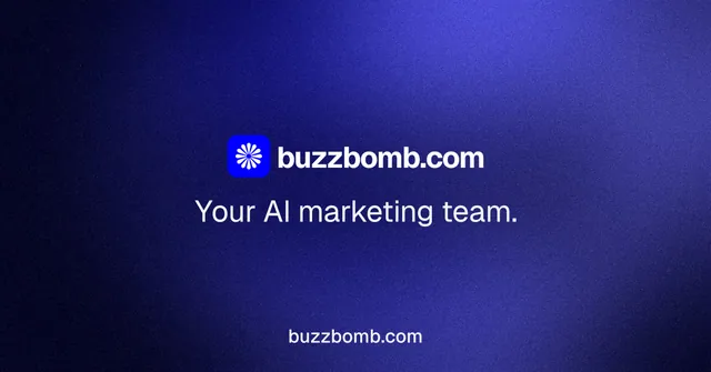 Social ad for BuzzBomb: "Your AI marketing team." Agentic glass style, end card layout, dark palette in black, blue.