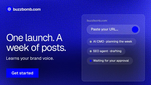 Landscape graphic for BuzzBomb: "One launch. A week of posts." Swiss style, bottom layout, dark palette in blue.