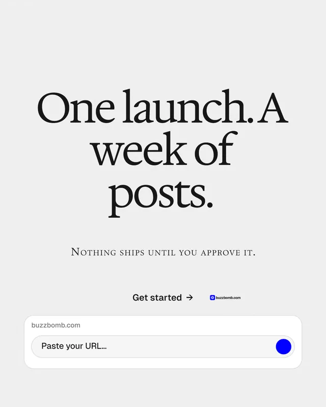 Instagram portrait post for BuzzBomb: "One launch. A week of posts." Swiss style, smallcaps layout, light palette in white, grey.
