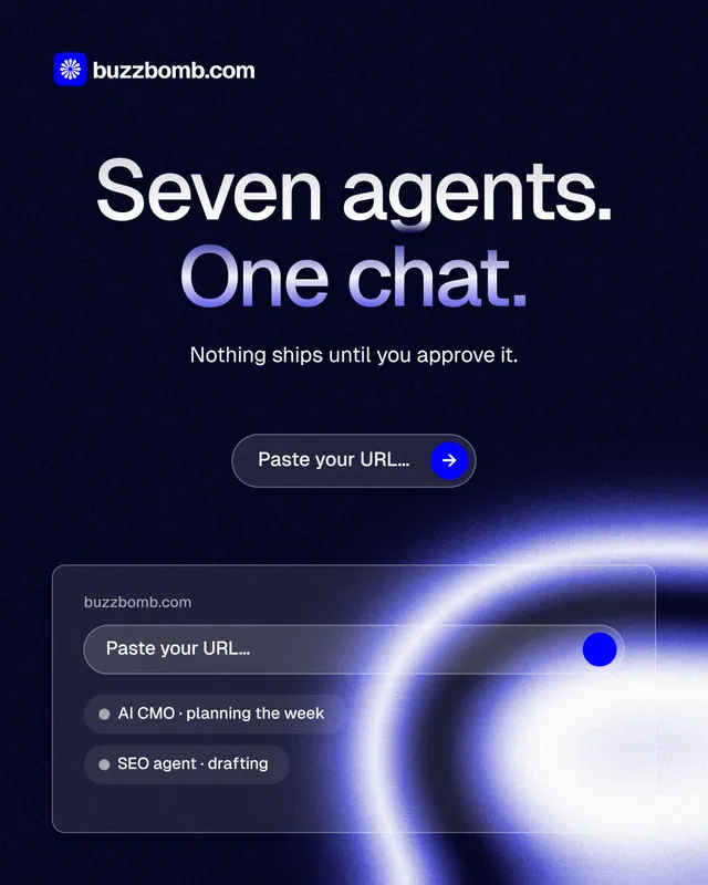 Instagram portrait post for BuzzBomb: "Seven agents. One chat." Agentic glass style, centred layout, dark palette in black, blue.