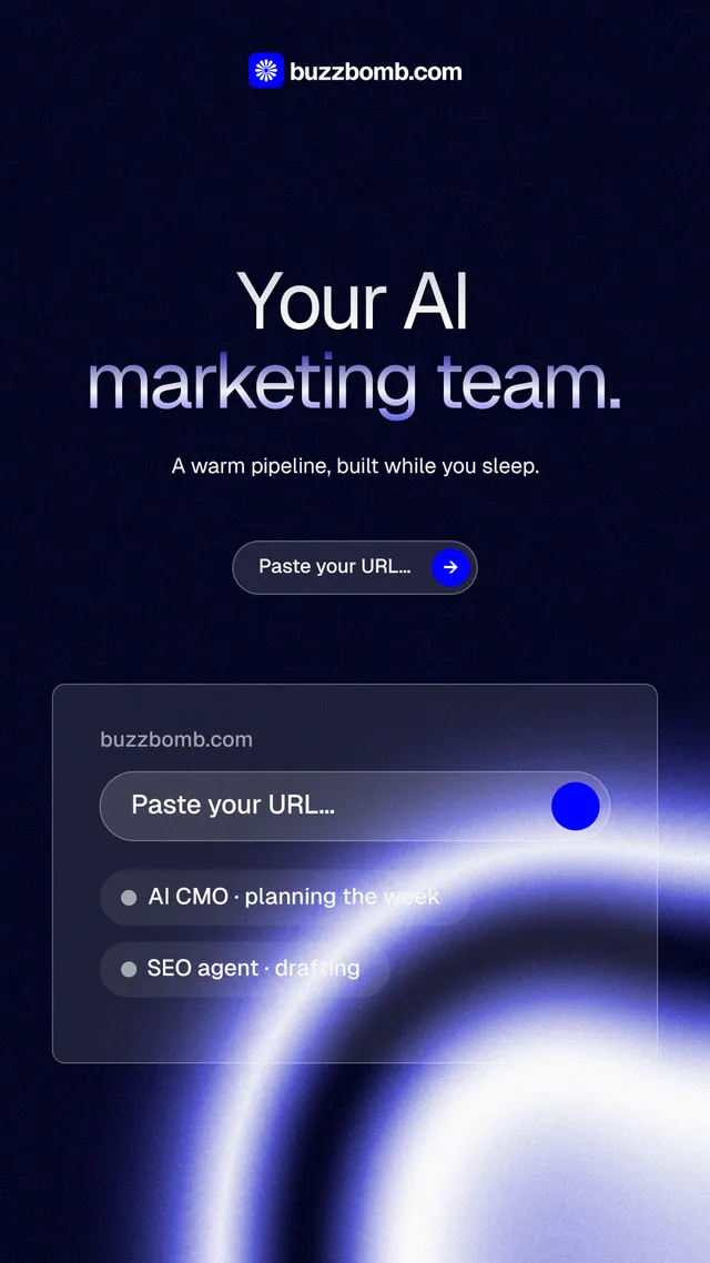 Instagram story for BuzzBomb: "Your AI marketing team." Agentic glass style, centred layout, dark palette in black, blue.