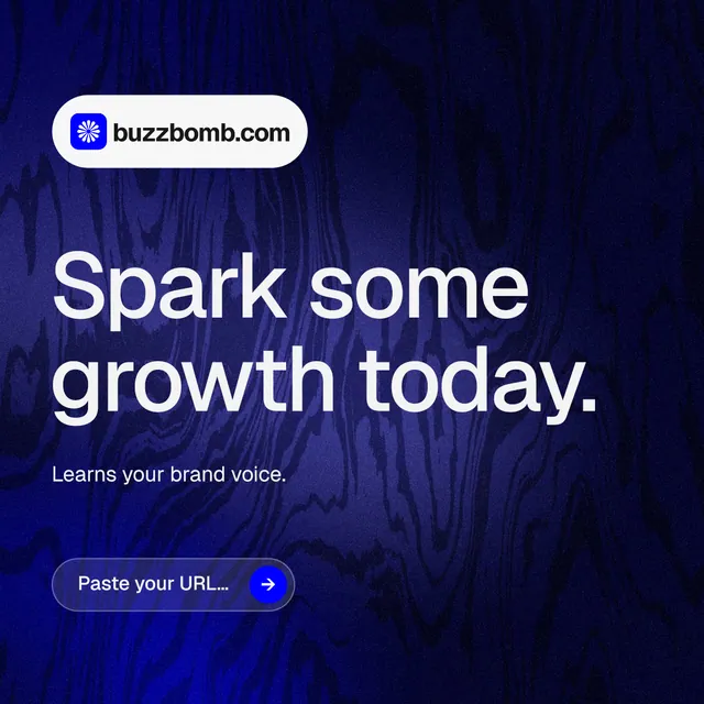 Instagram post for BuzzBomb: "Spark some growth today." Agentic glass style, announce layout, dark palette in blue, black.