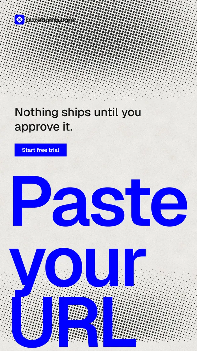 Instagram story for BuzzBomb: "Spark some growth today." Swiss style, oversized layout, light palette in grey, white, blue.