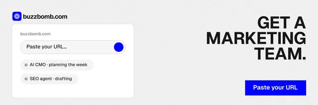 X header for BuzzBomb: "Get a marketing team." Swiss style, right layout, light palette in white, blue.