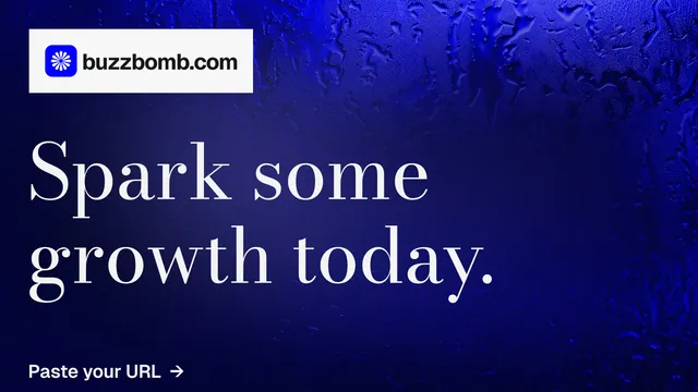 Landscape graphic for BuzzBomb: "Spark some growth today." Minimal luxury style, announce layout, dark palette in blue, grey.