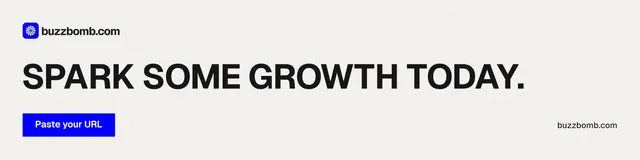 LinkedIn banner for BuzzBomb: "Spark some growth today." Swiss style, poster layout, light palette in white, grey.